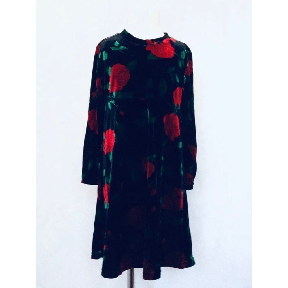 hartstrings Girls 6 Rose Printed Velour Holiday Long Sleeve Dress
